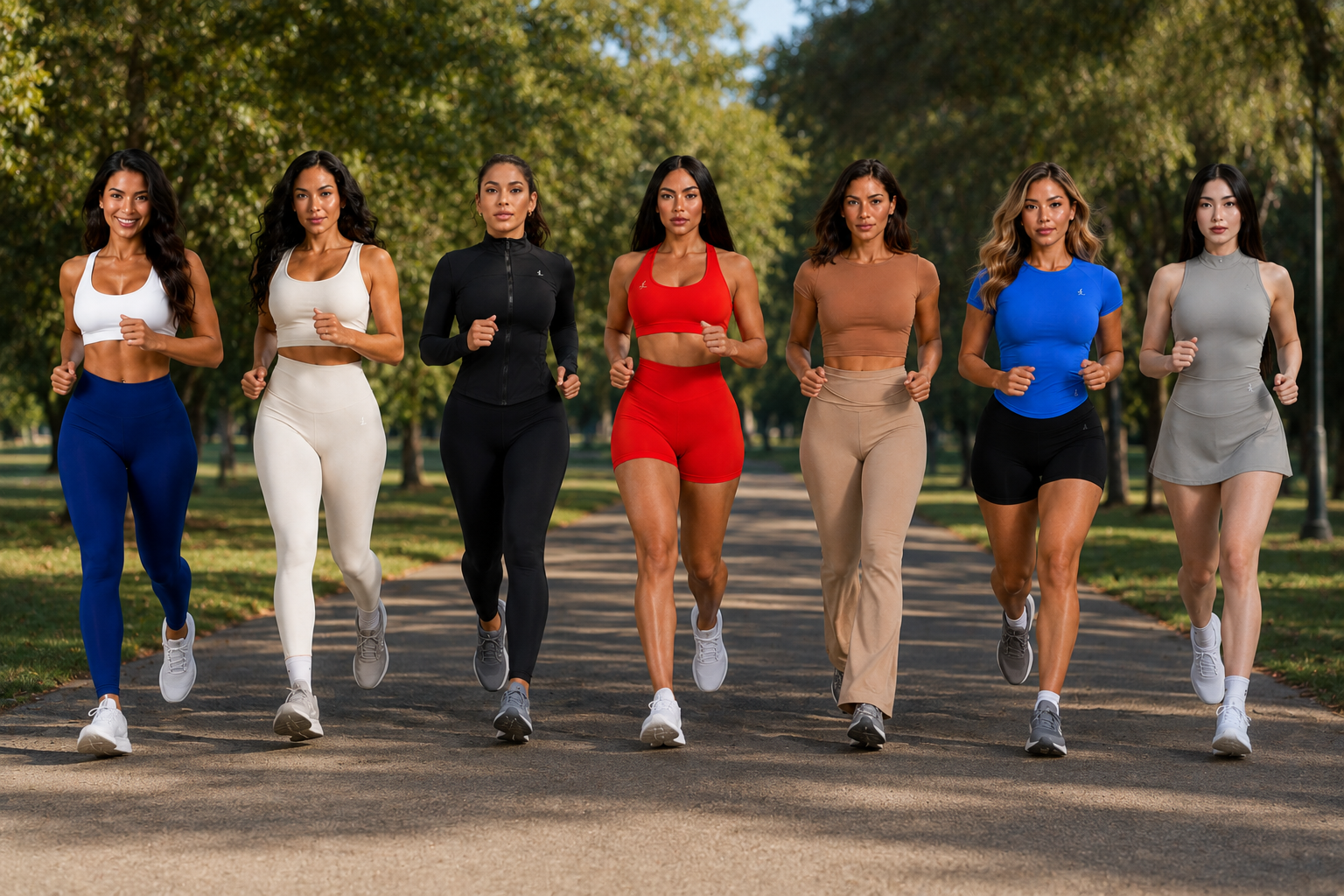 Seven women running together in Lisboa Fit activewear on a tree-lined park path