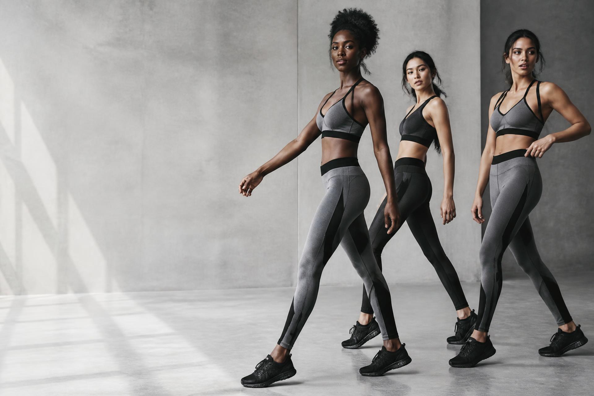 Three athletic women wearing Lisboa Fit premium activewear in a bright concrete studio